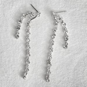 Silver Tone Dangle Drop Earrings Double Cable Chains With Clear Rhinestones